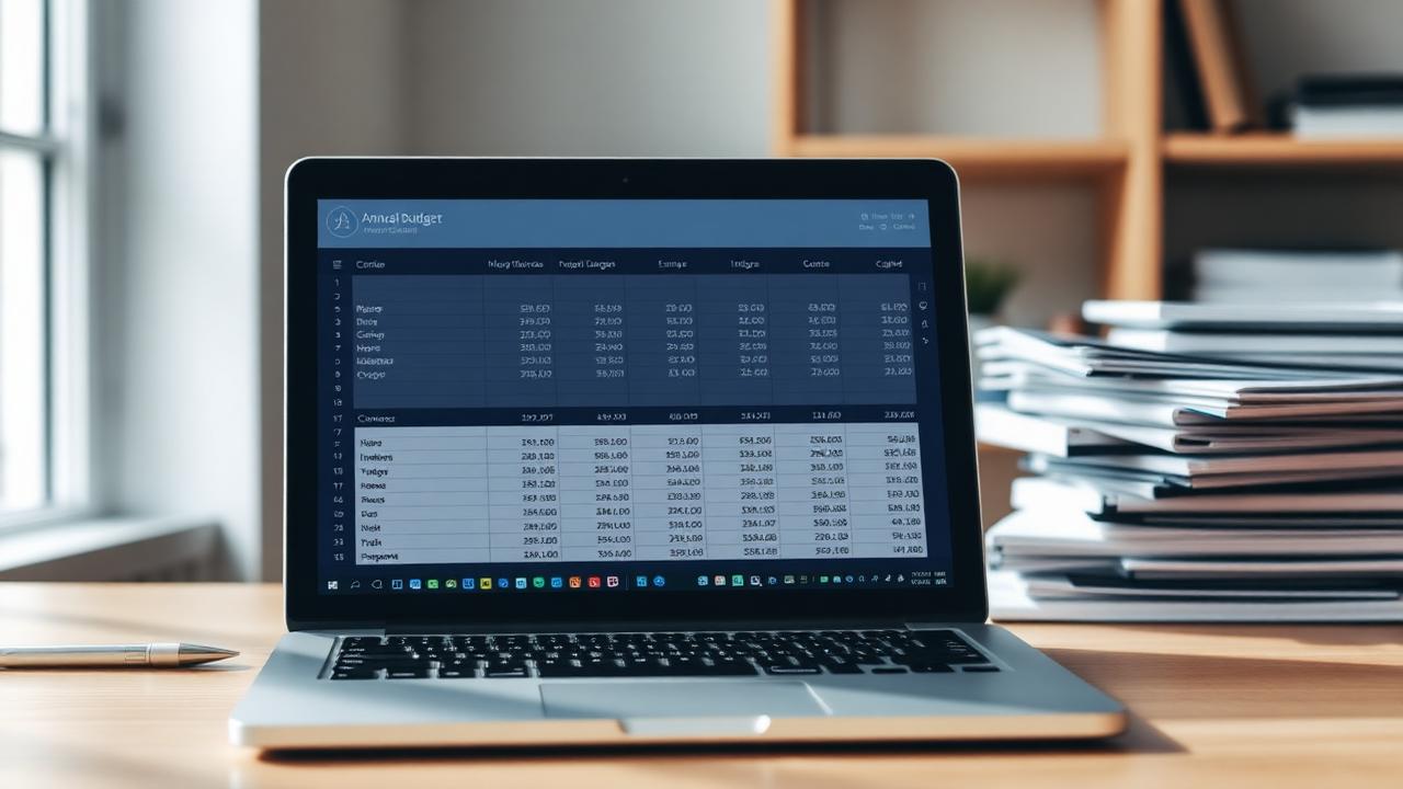 Skrivebord med årsbudget for en hjemmeside opstillet i regneark ved siden af notesbog