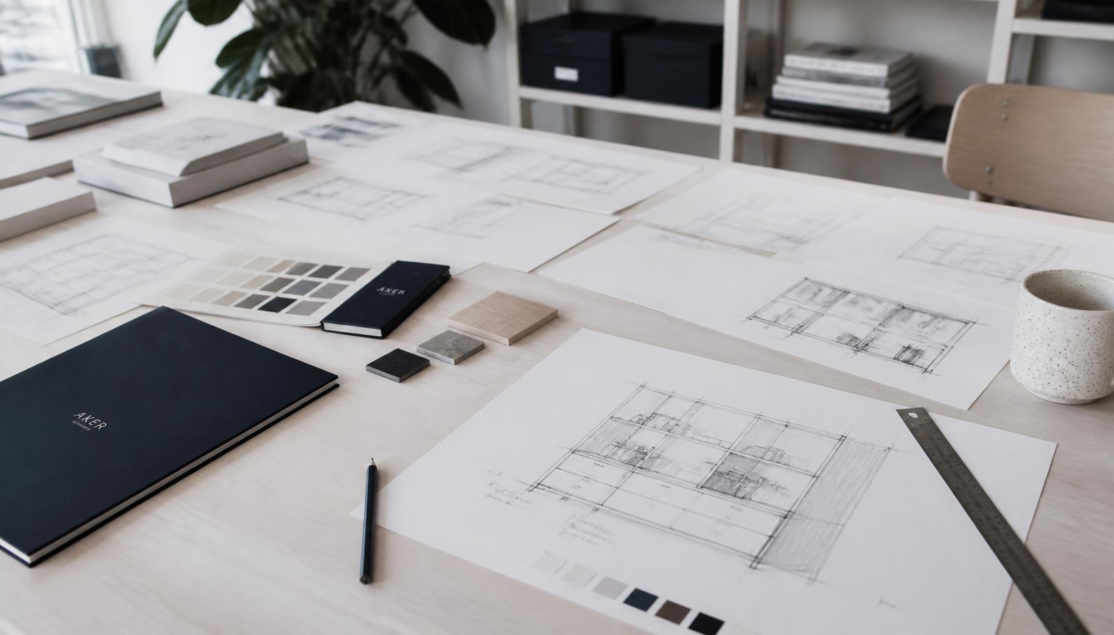 Designskitser og farveprøver på bord
