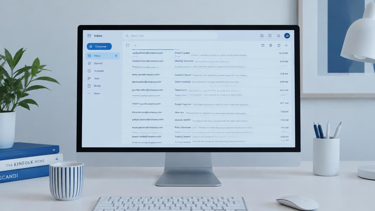 Computerskærm med en indbakke fuld af mails fra professionelle domæner