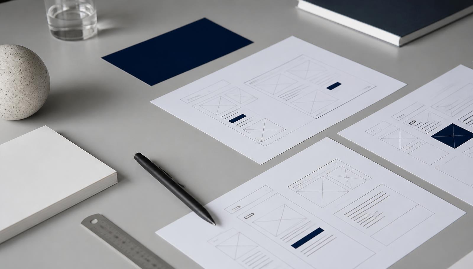 Wireframes og skitser til en ny hjemmeside på et lyst skrivebord