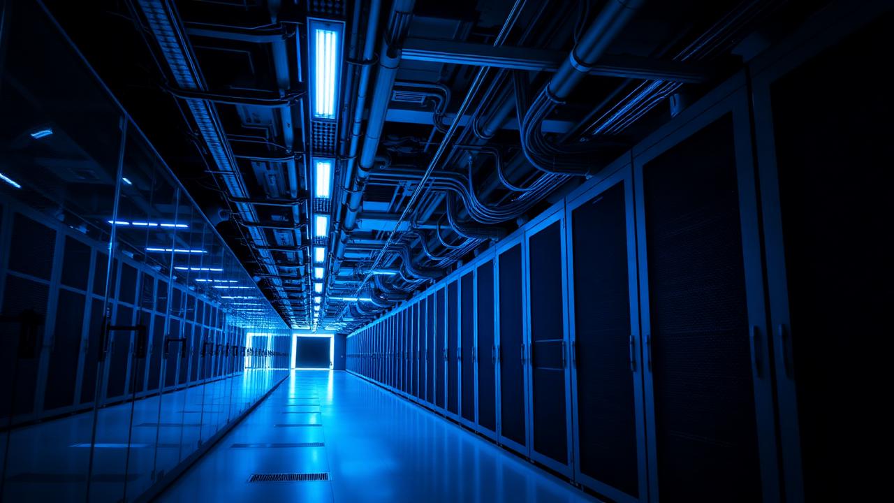 Serverrack med blå statuslamper i et dansk hostingmiljø