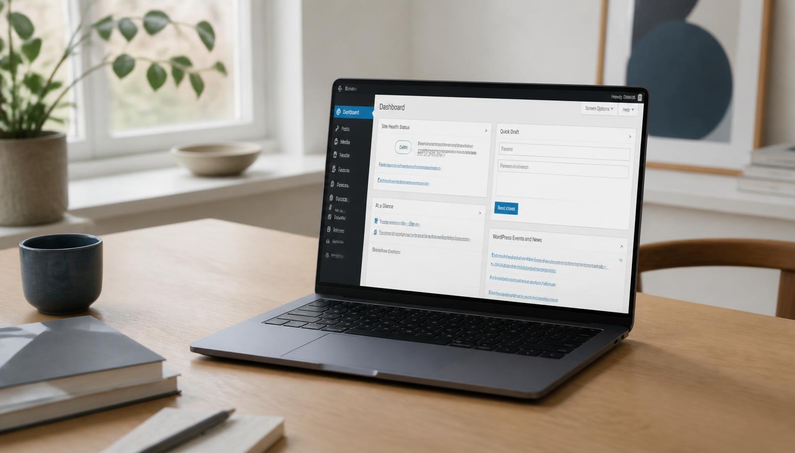 Bærbar computer med WordPress-kontrolpanel på et lyst træskrivebord