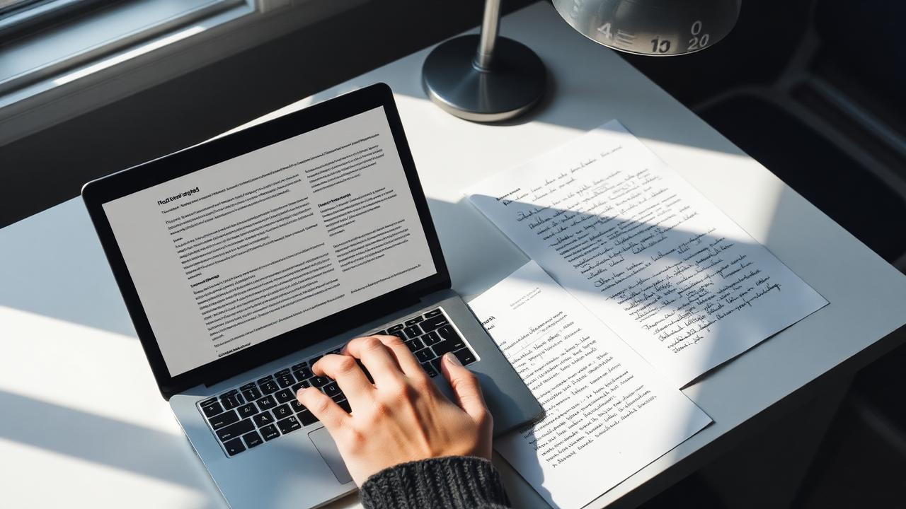 Skrivebord med noter og skitse til artikelstruktur som illustration af SEO-tekstforfatning