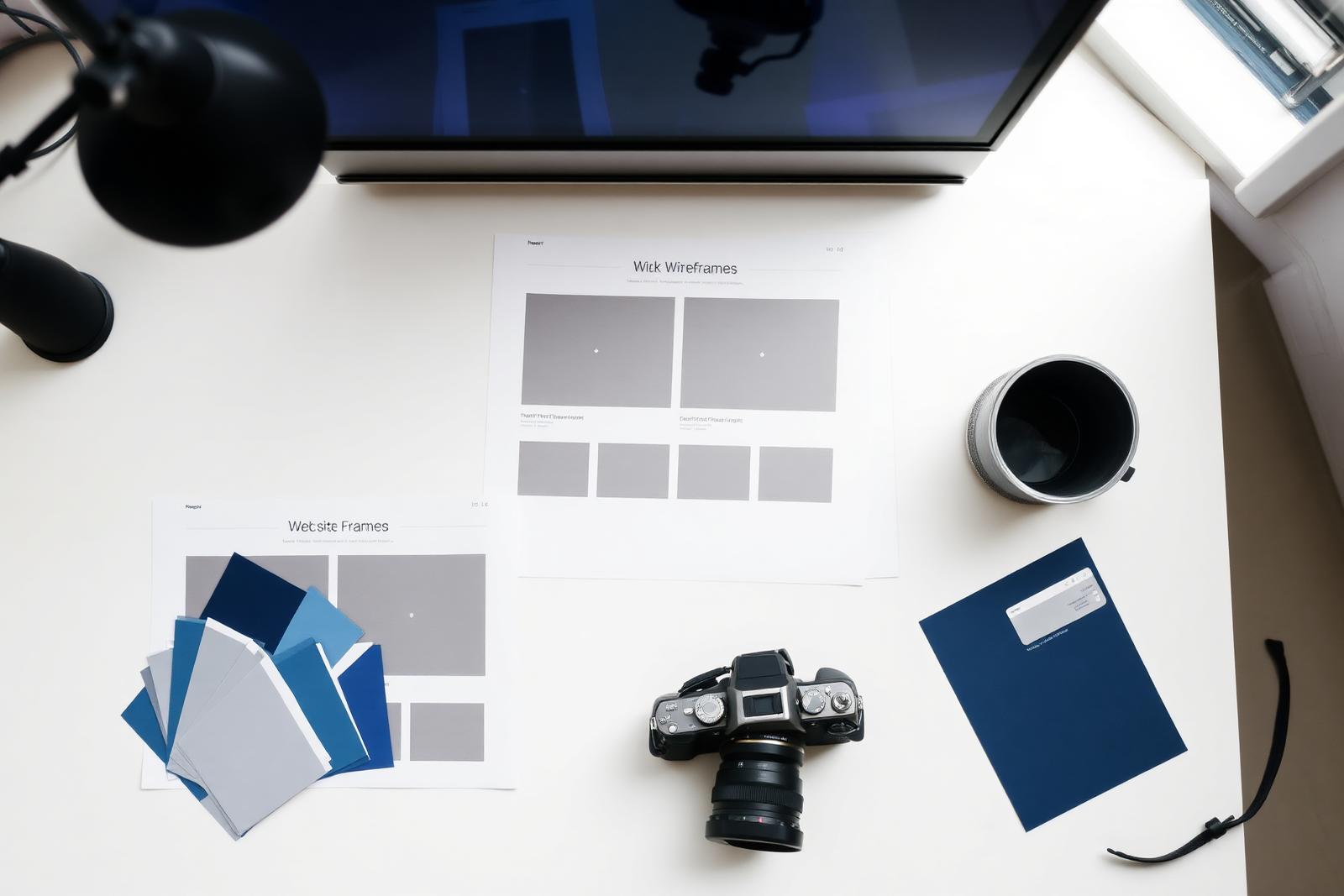 Wireframes til en dansk hjemmeside, farveprøver og kamera på et lyst skrivebord