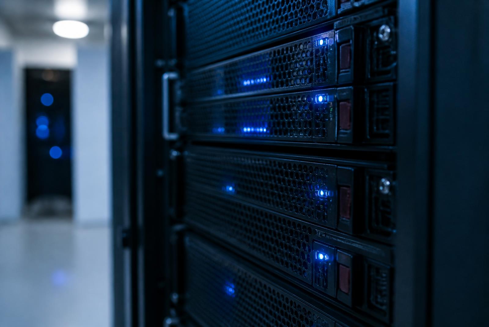 Serverrack med blå statuslamper i et dansk hostingmiljø