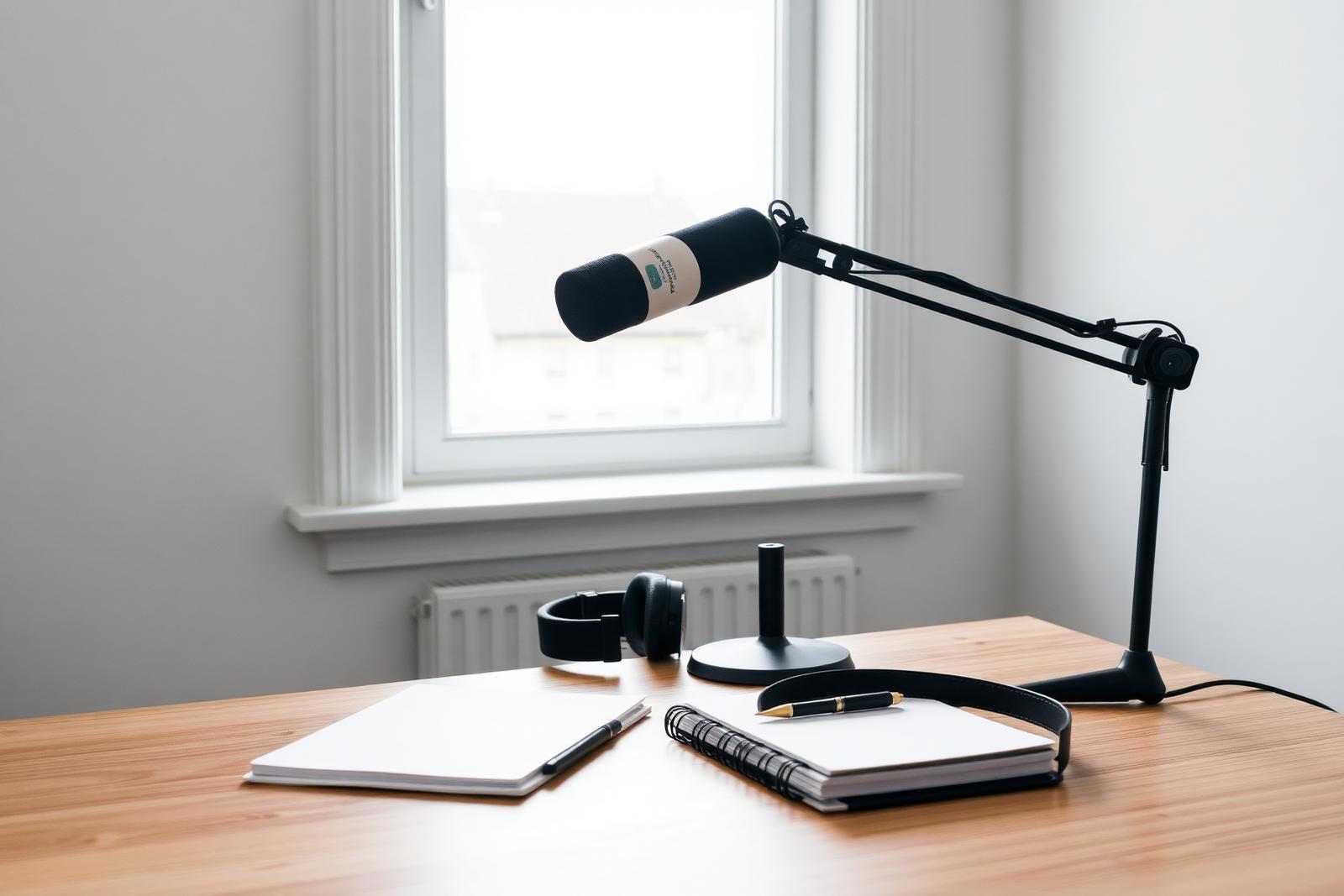 Podcaststudie med mikrofon på bomarm, hovedtelefoner og notesbog i dagslys