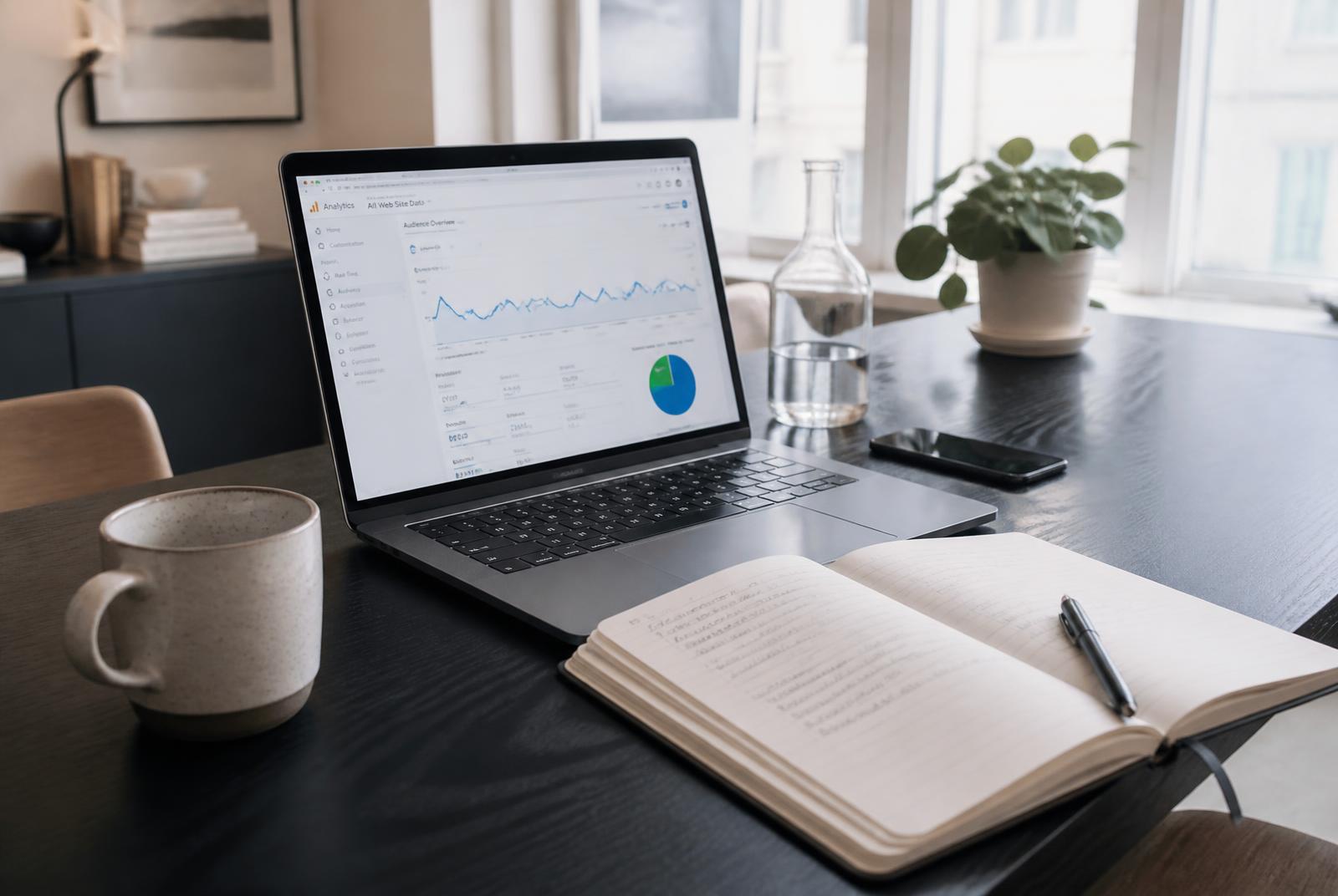 Laptop med analyserapport for en hjemmeside, notesbog og kaffekop på skrivebord i dagslys