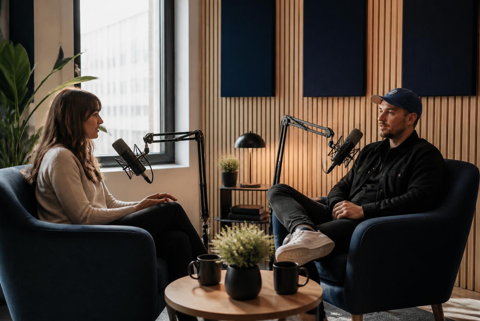 To værter i samtale foran mikrofoner i Web Univers' podcaststudie med akustikpaneler