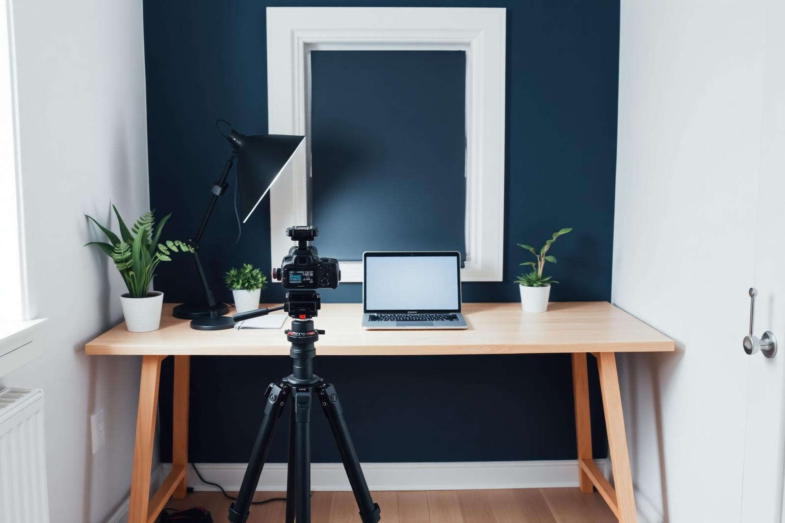Videoopsætning med kamera på trefod og laptop i redaktionens optagehjørne