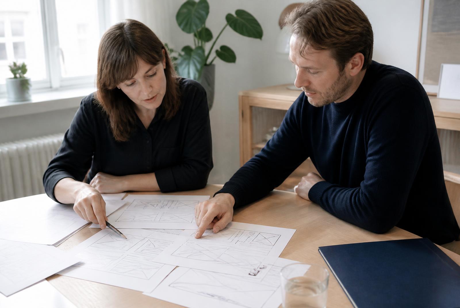 To personer gennemgår printede wireframes til en dansk hjemmeside ved et lyst bord