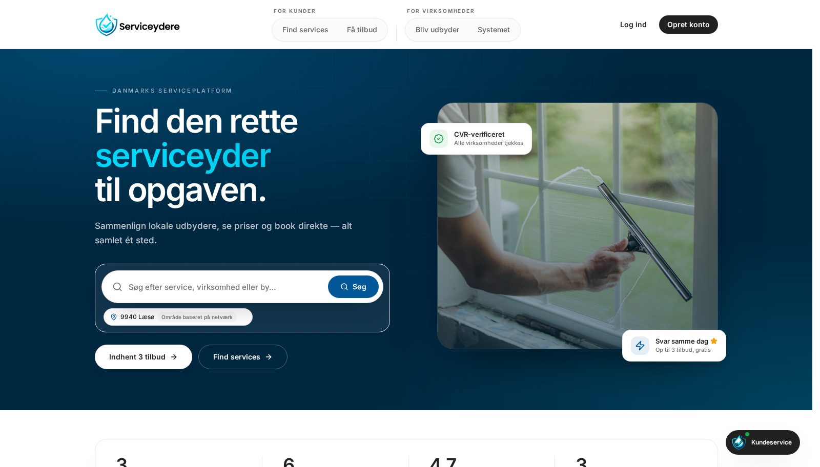 Forsiden på Serviceydere.dk med søgefelt og CVR-verificering